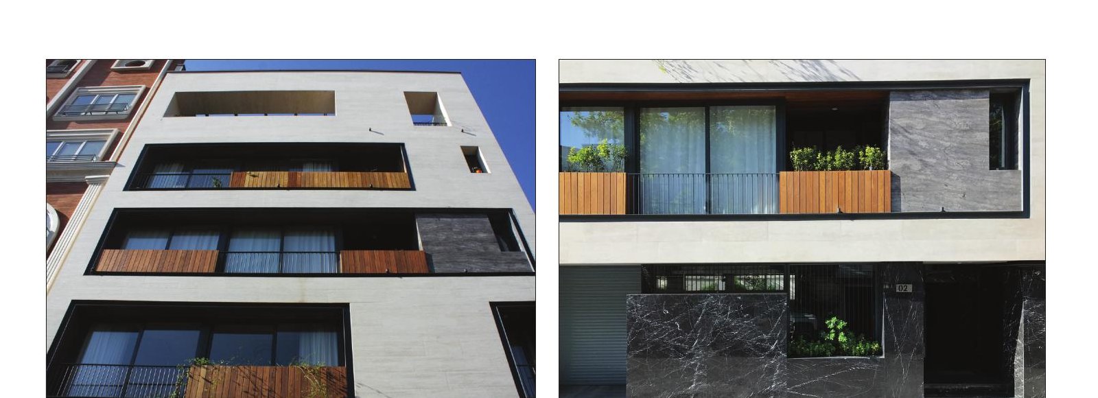 Manzarieh — composite of upper and lower facade details showing the recessed openings and the dark stone entrance