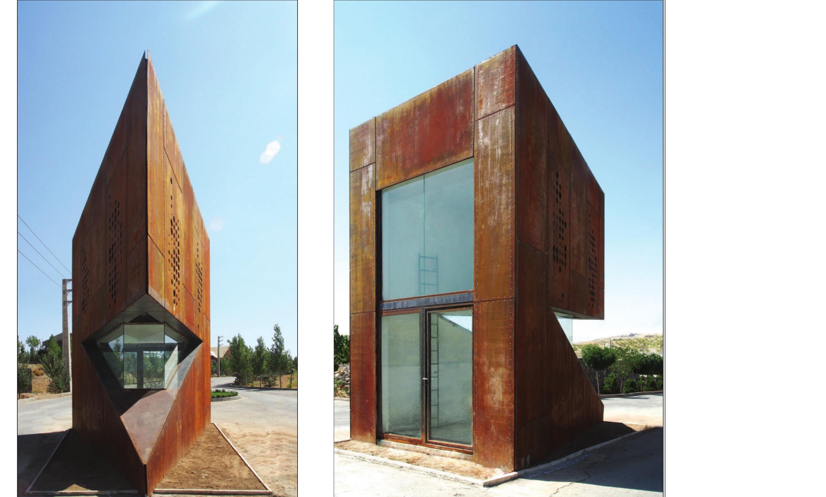 Two views of the kiosk — pointed side and front entrance with glass