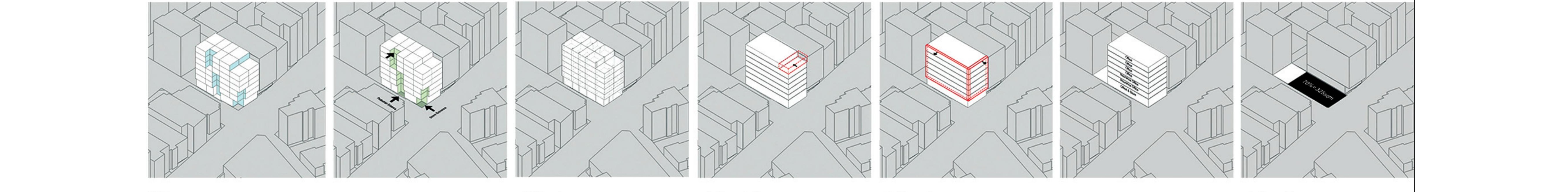 Seven axonometric diagrams of the building skin