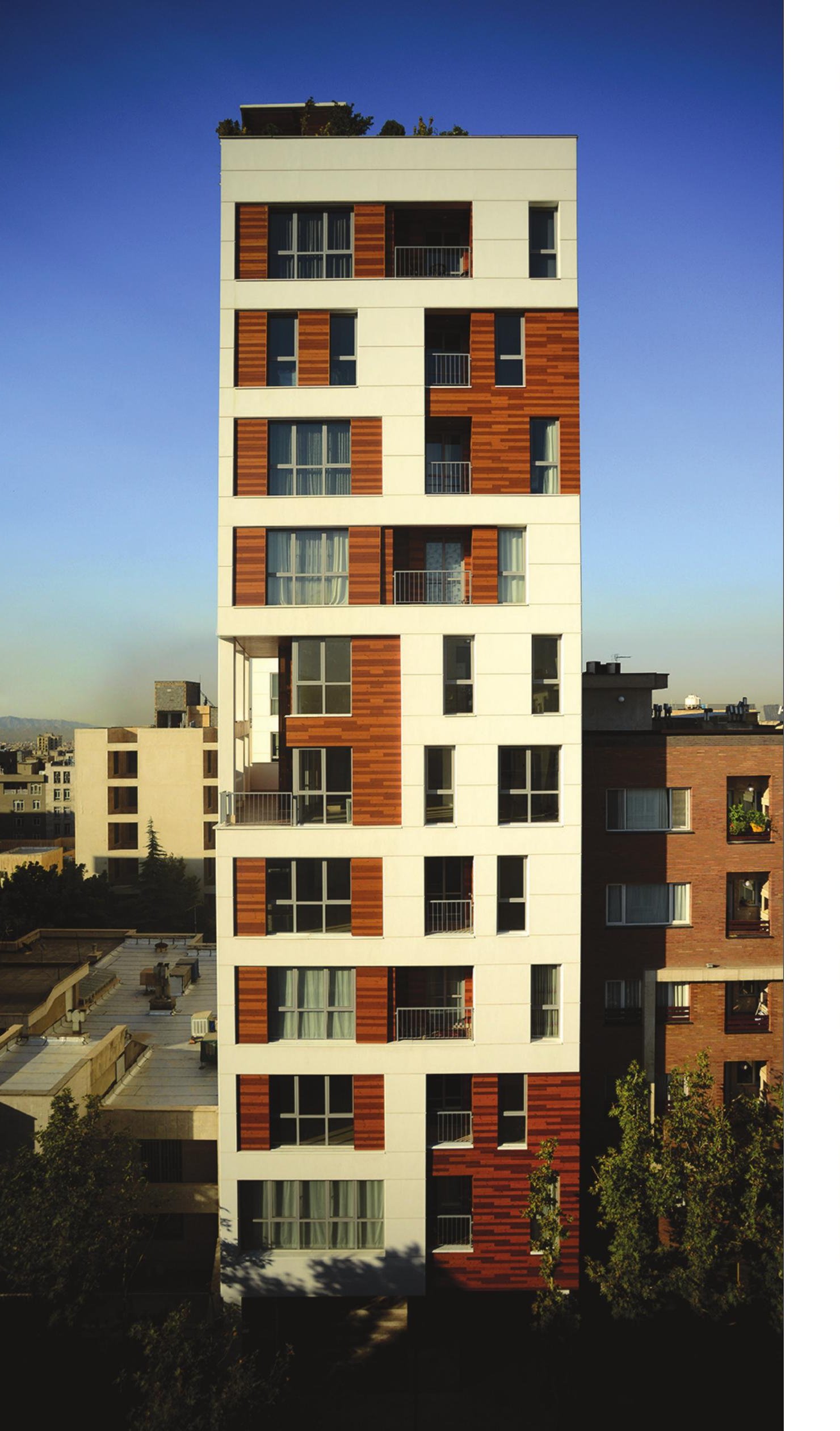 Sarva Residential Complex — banded facade of the tower-garden seen from the southern approach