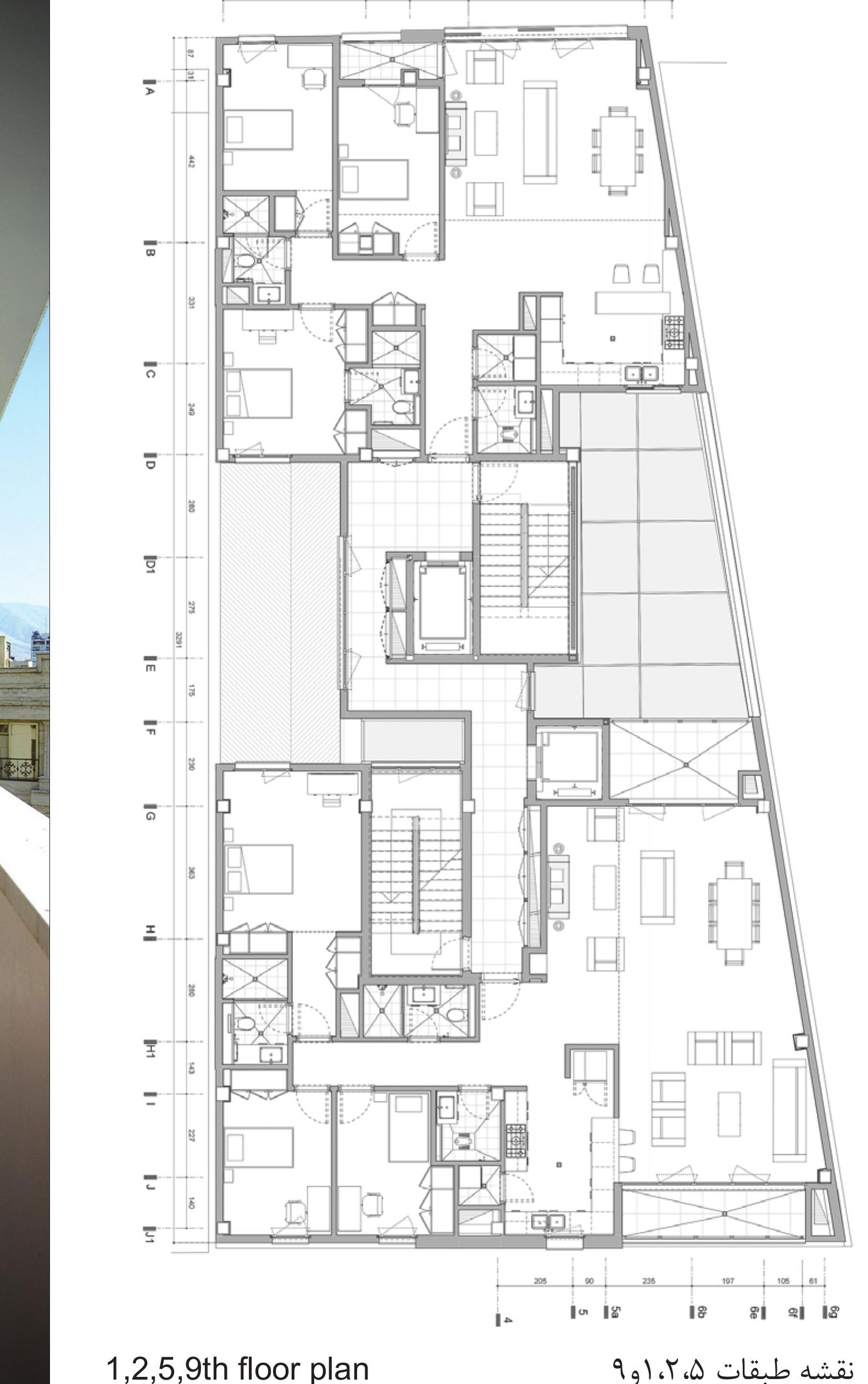 1st, 2nd, 5th and 9th floor plan showing two volumes joined by a connecting bridge