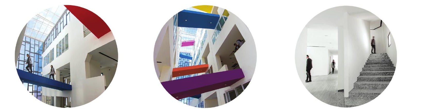 Three circular framed photos showing the colourful staircase interiors of the Science and Technology Growth Center
