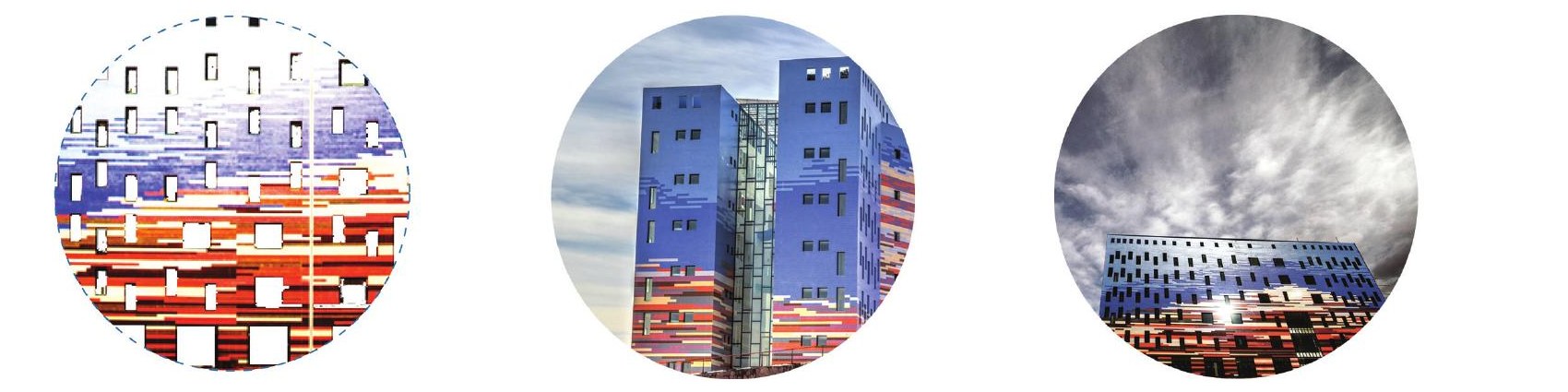 Three circular framed photos showing the building's painted facade and roof-line against the desert and sky