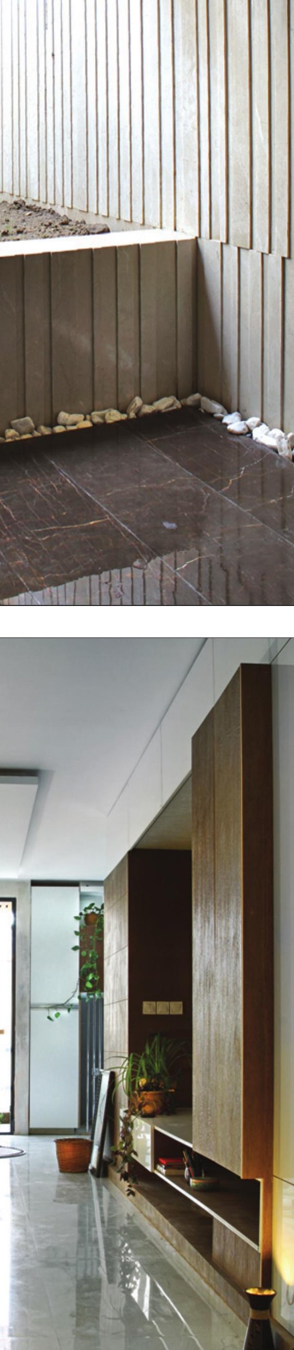 Two interior views — entry hallway with traditional rug and inner foyer with floating bench