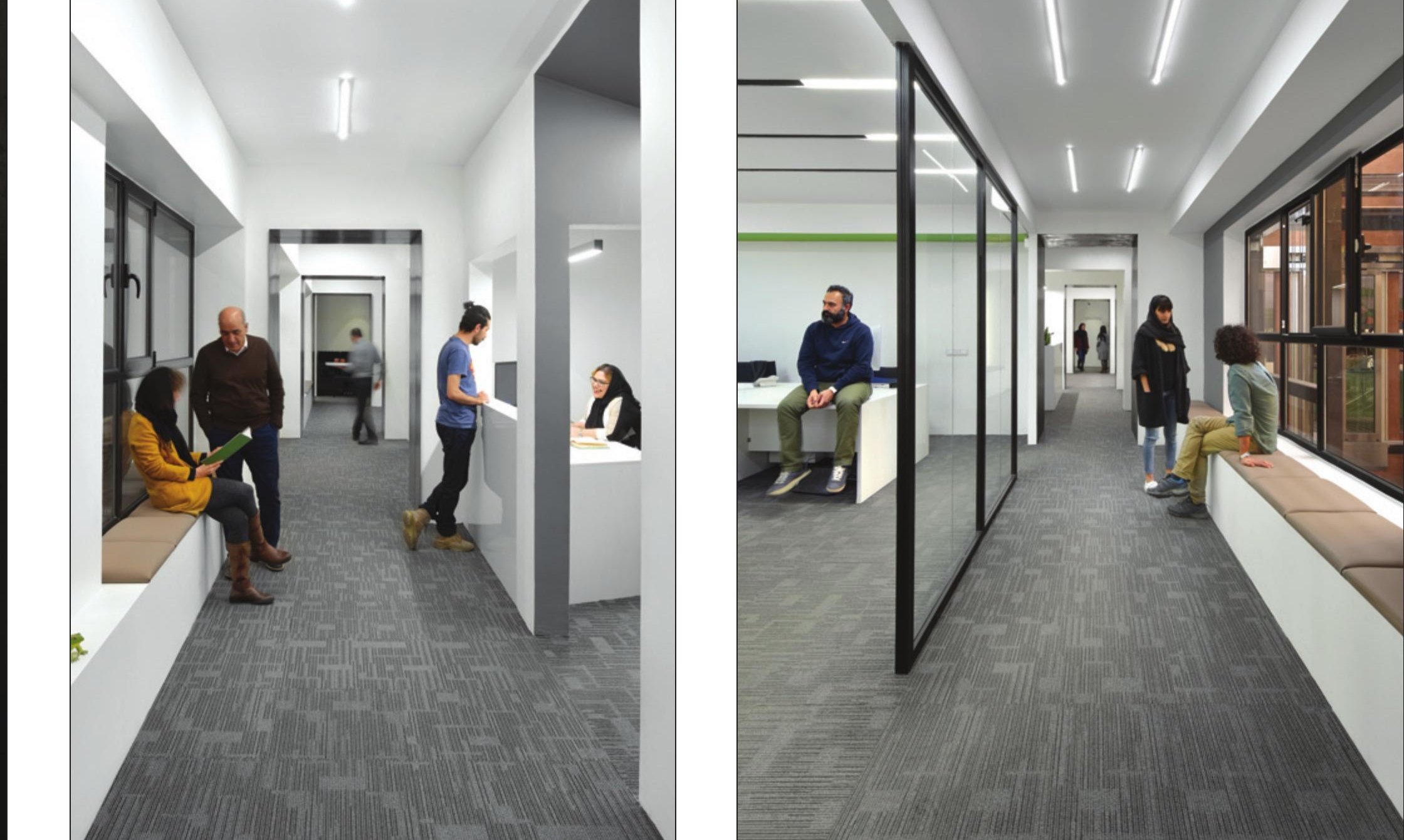 Office bench against full-height glazing