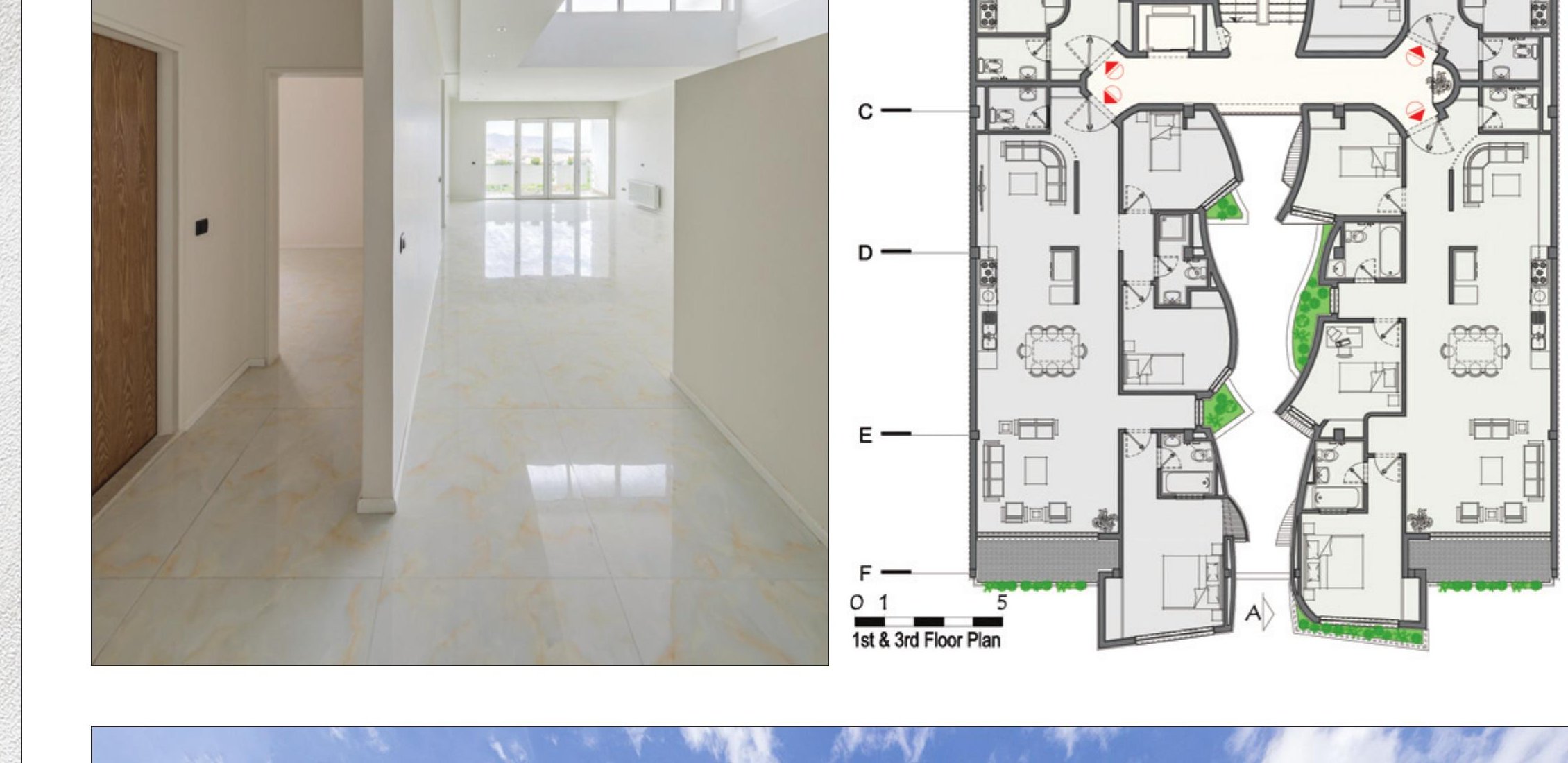 Interior corridor and 1st and 3rd floor plan diagram showing rotated layout