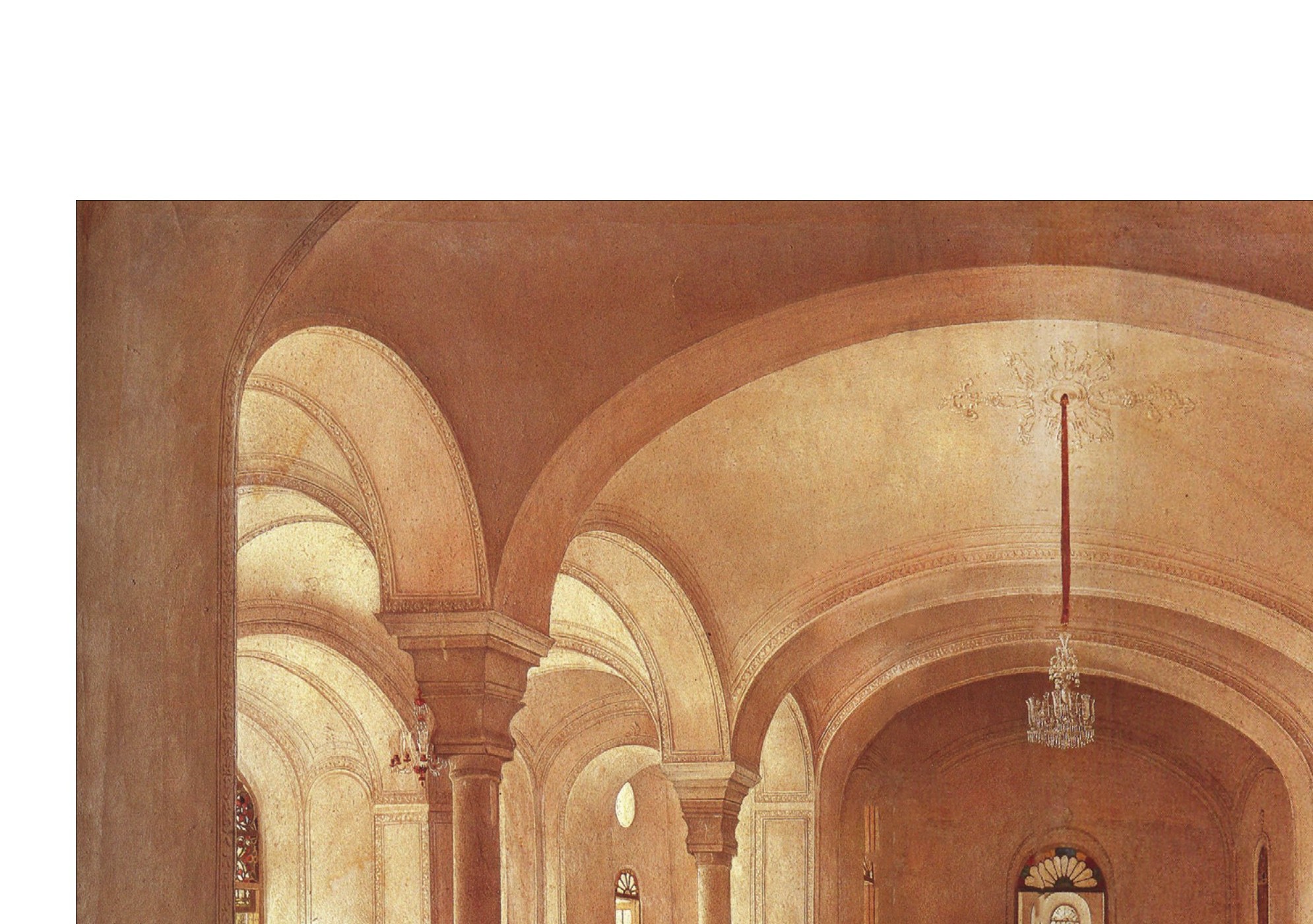 محمد غفارى (کمال‌الملک)، «حوض‌خانه عمارت صاحب‌قرانیه»، رنگ‌وروغن روى بوم، ۹۱×۵۶ سانتى‌متر، موزه هنرهاى زیبا، کاخ سعدآباد، تهران، ۱۳۰۱ ق.