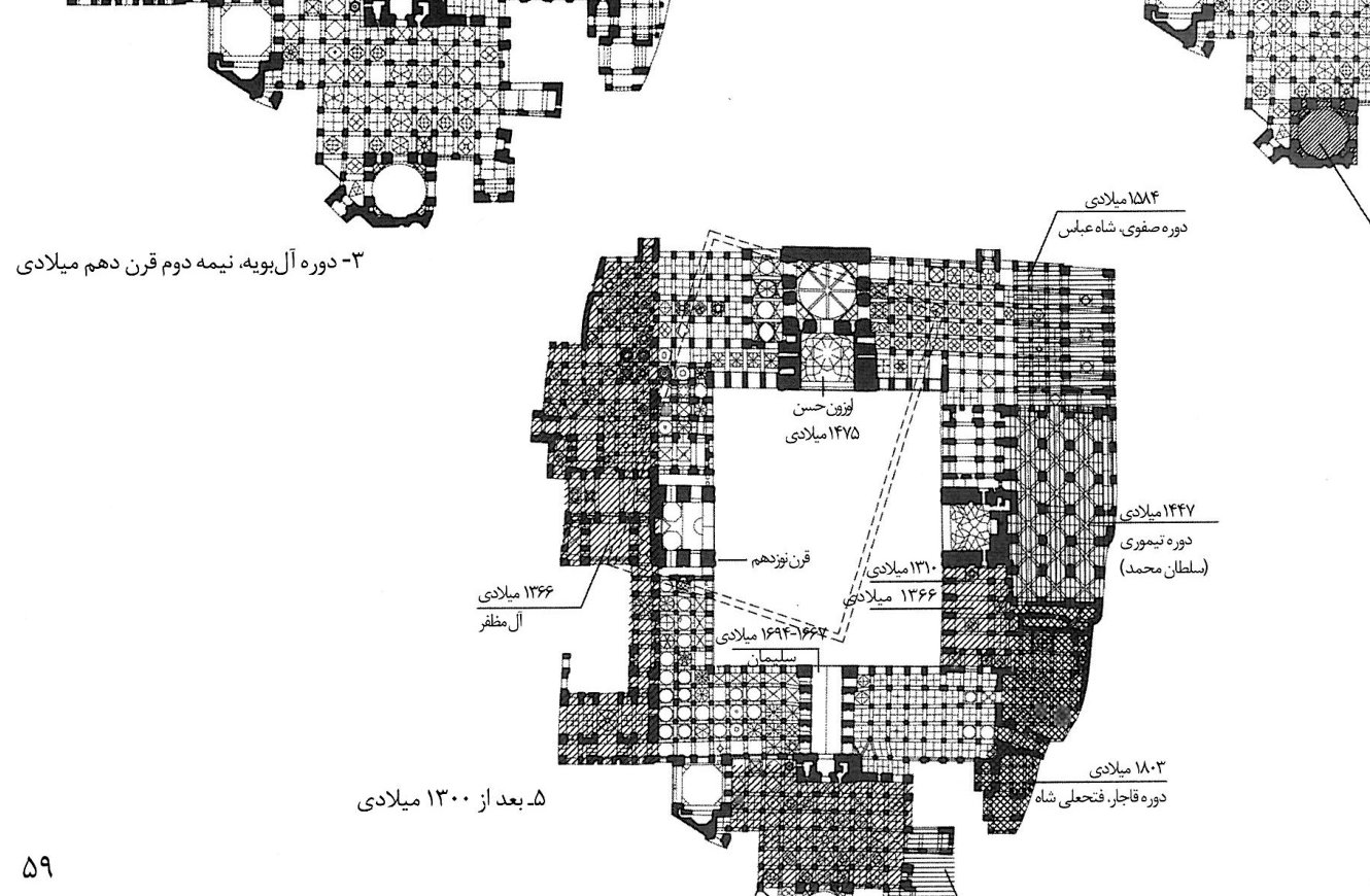 Plan after 1300 AD: the conversion of the mosque to the four-iwan typology after the fire of the early thirteenth century, and the Muzaffarid extensions.