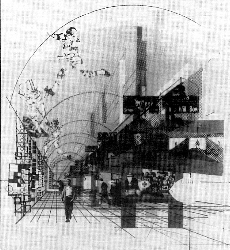 Black silhouettes of small Hejduk architectural figures clustered into a city skyline against a circular sun motif