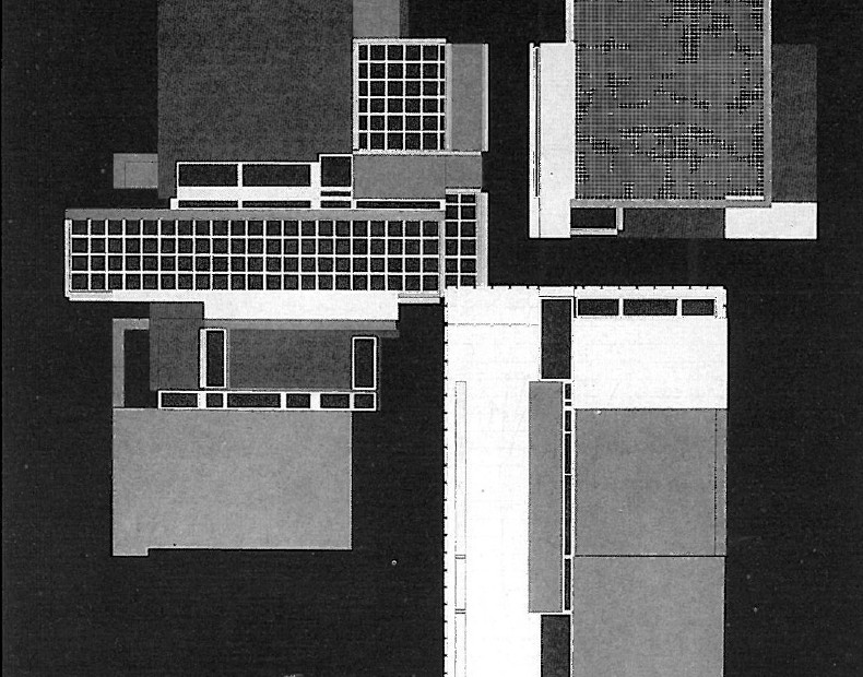 Three-dimensional axonometric drawing of Hejduk's Wall House with each volumetric component separated and stacked