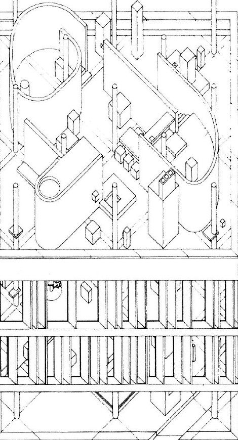 Black-and-white architectural drawing showing a building plan with rotated, layered figure-ground patterns