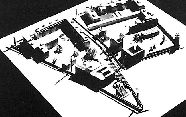 Photograph of a Hejduk architectural model with vertical projecting elements on a stepped, terraced base