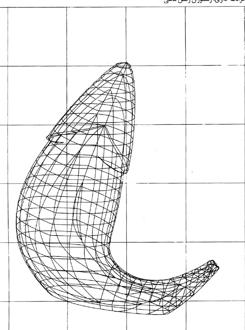 Pencil drawing of an organic, biomorphic figure on grid paper, combining body and architectural fragments