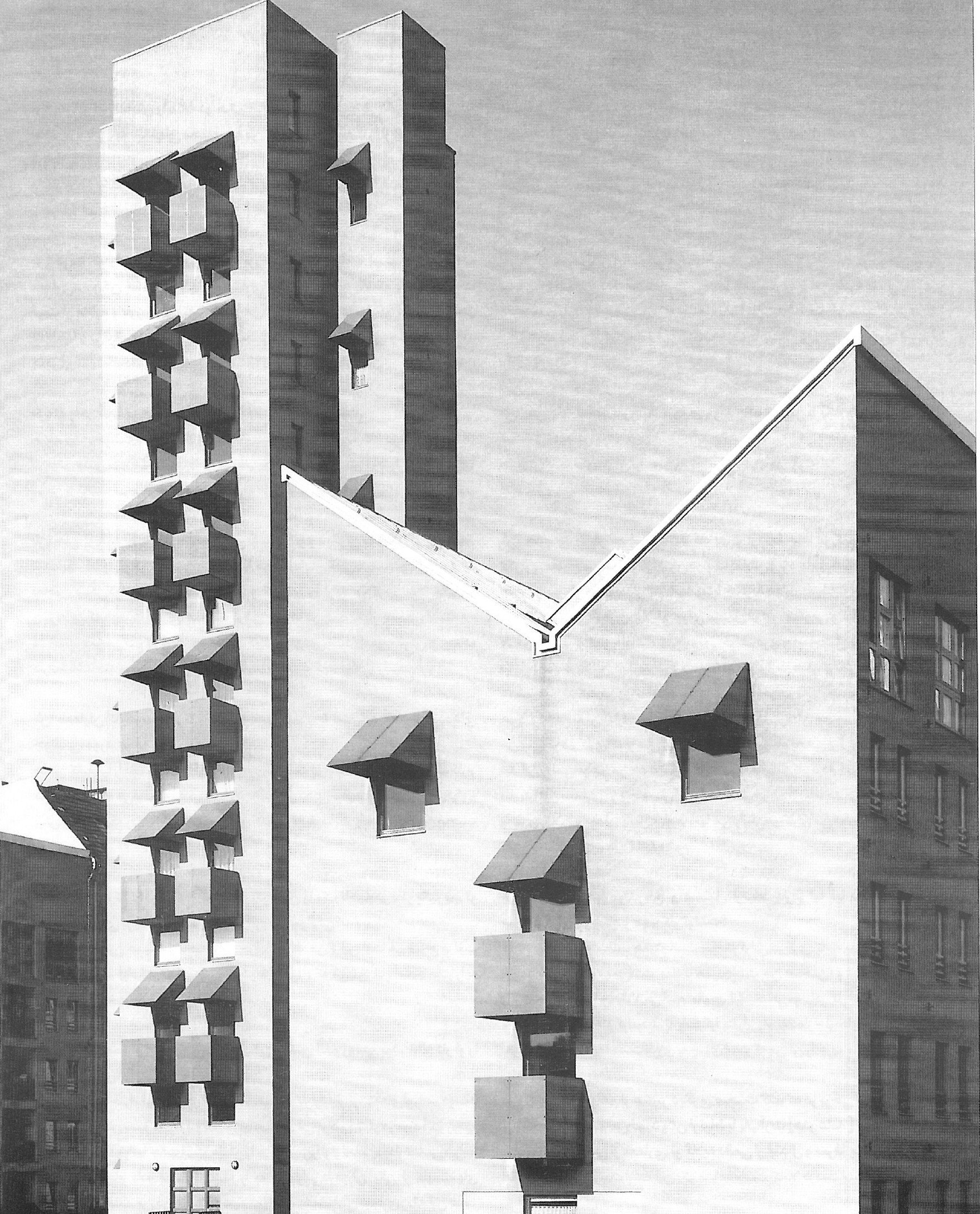 Black-and-white full-page photograph of a tall multi-storey brick building with several rectangular pavilion boxes projecting from its facade