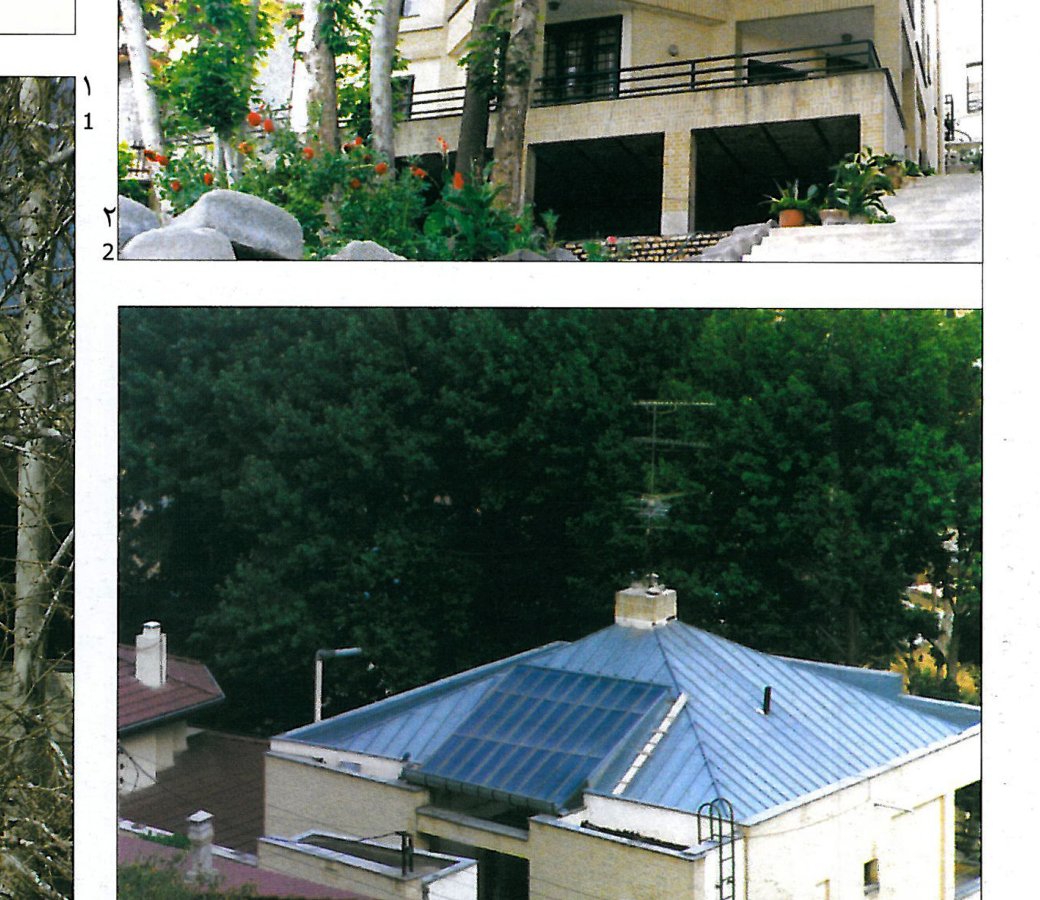 Lavasan apartment — detail of the blue pitched roof above the board-trowelled white-cement surface.