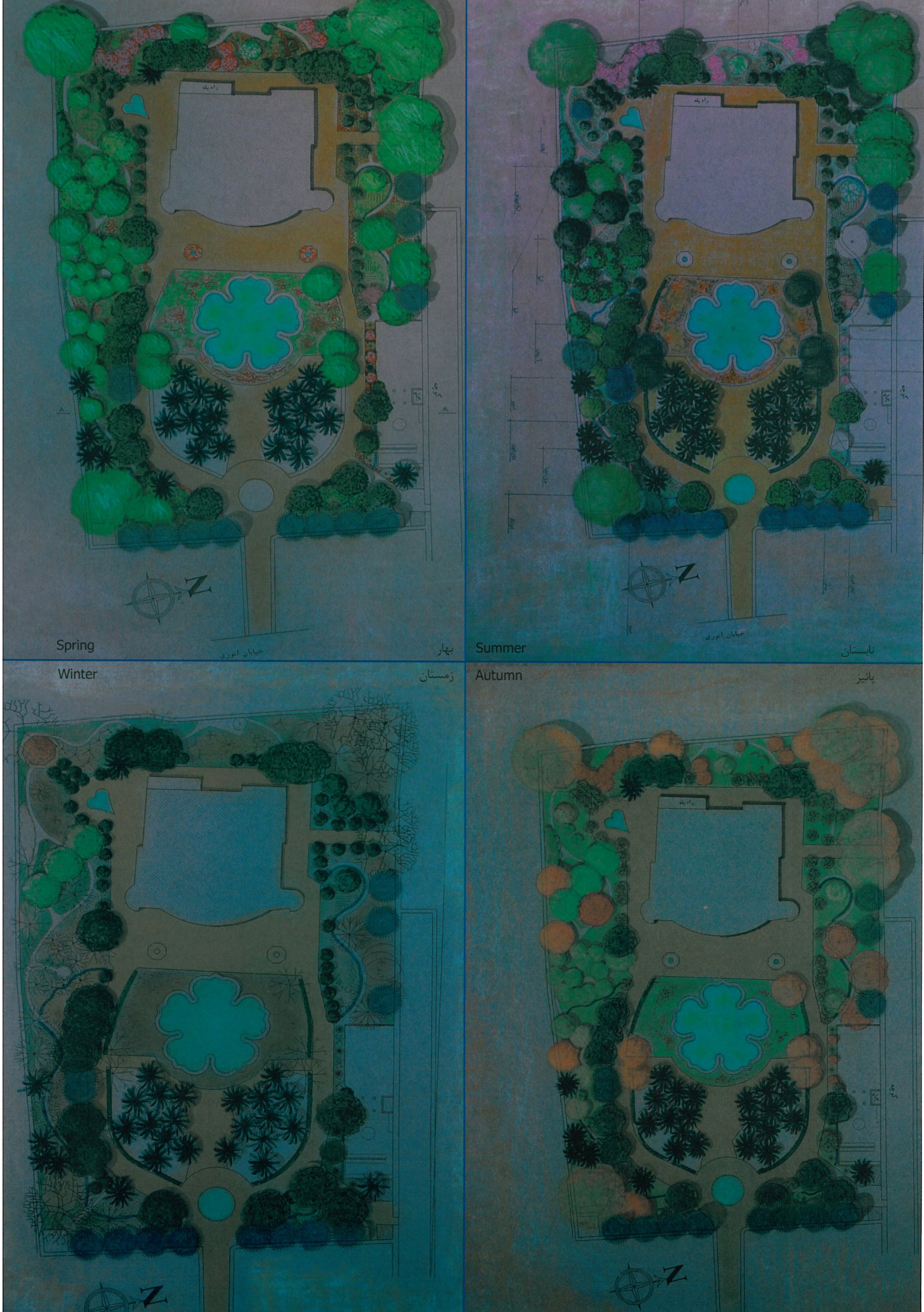The four seasonal plans of the Shapouri Garden (spring, summer, winter, autumn) — the changing colour and texture of the planting through the year.