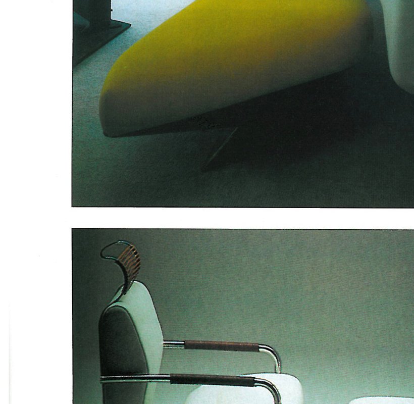 Andrea Branzi — metal-framed chairs with leather upholstery.