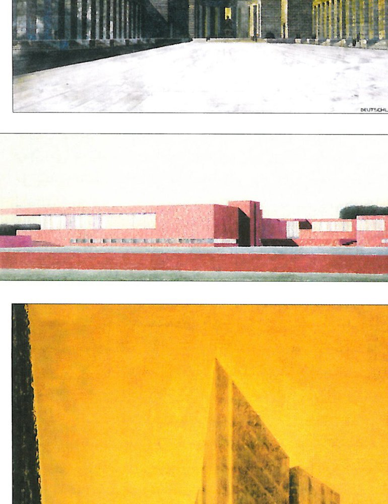 Works by Mies van der Rohe: (top) the 1910 Bismarck Monument project in Schinkel-classical mode; (bottom) the elevation of the 