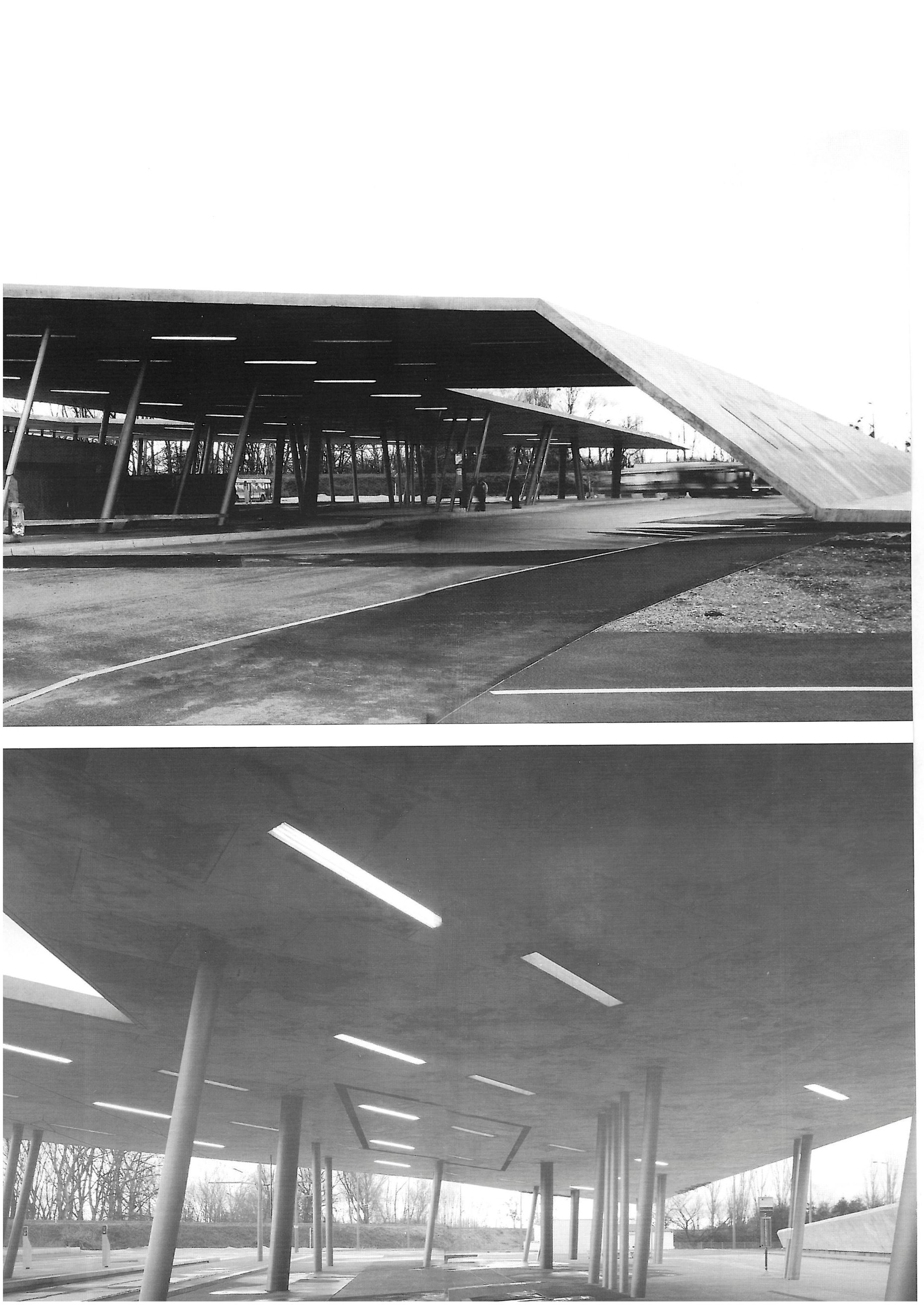 Concrete-structure detail of the Hoenheim Park-and-Ride — the pitched roofs are a continuation of the ground.