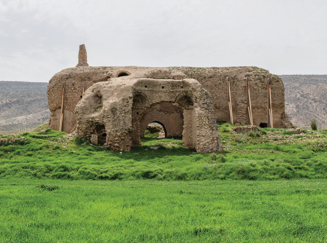 Closer view of Ardashir Pavilion showing barrel-vaulted arches and entrance with scaffolding supports