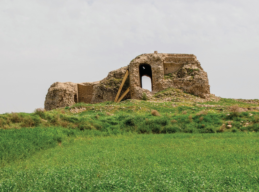 Pointed arch entrance of Ardashir Pavilion rising above the green hillside