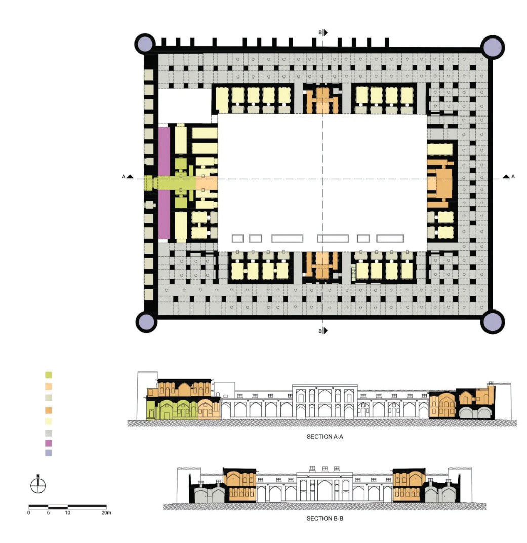 Architectural floor plan and cross-sections (A-A and B-B) of the Borazjan Caravanserai showing the rectangular layout with central courtyard, chambers, iwans, and corner towers