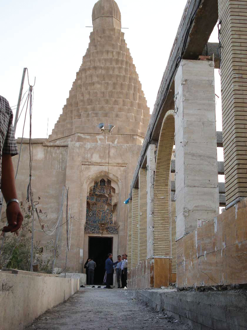 Entrance to the shrine of Mir Mohammad Hanifeh, showing the tiled doorway and conical tower above