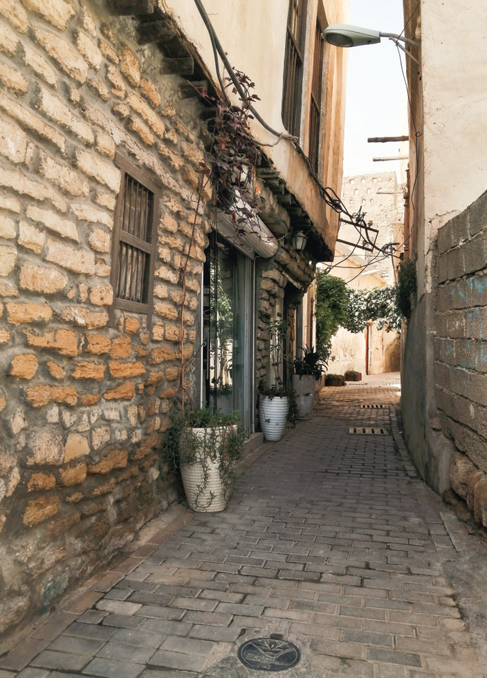 Narrow alley with coral stone walls and potted plants in Bushehr