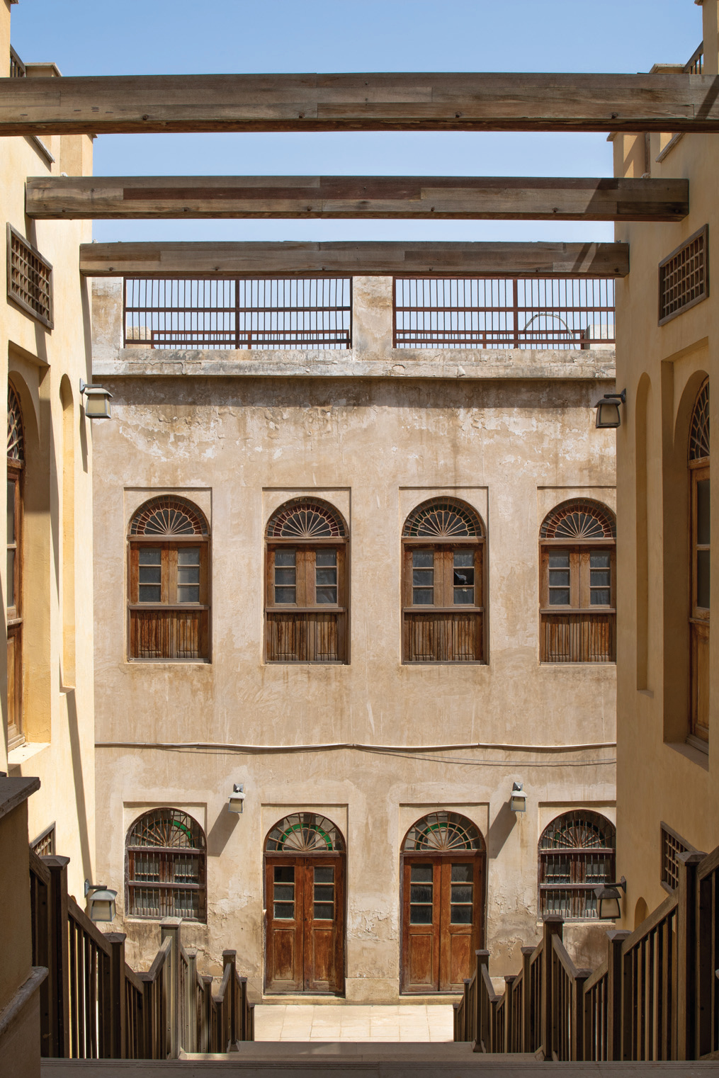 Facade of the preserved Nouzari Edifice as seen from the new courtyard with stairs