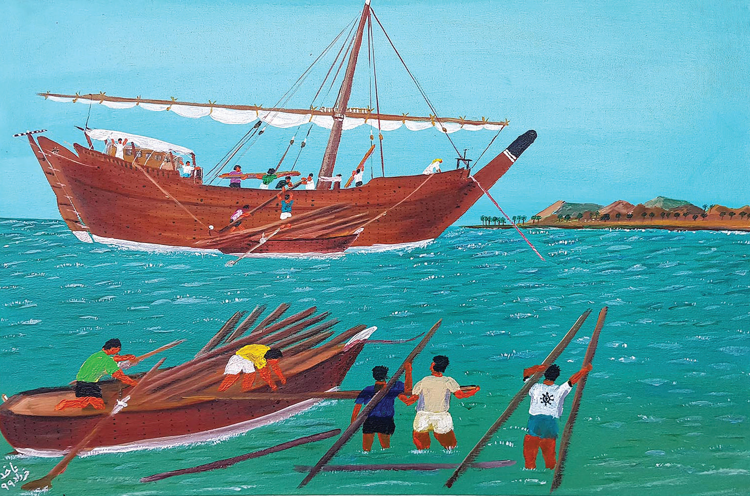 Folk painting depicting a large wooden dhow under construction at a harbor, with smaller boats and workers in the foreground