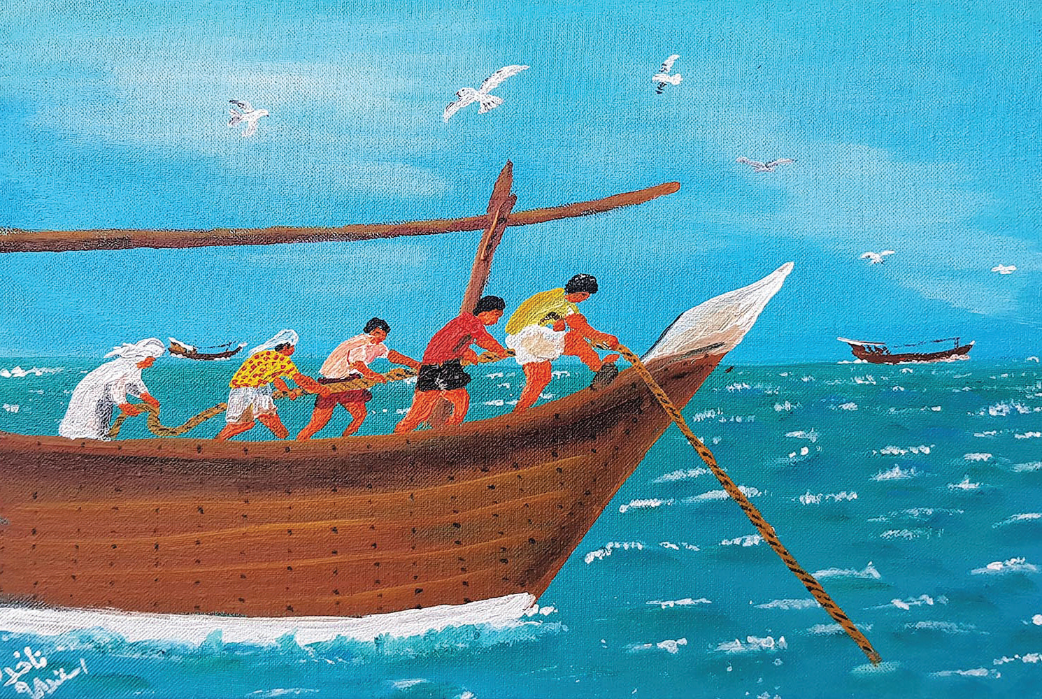 Folk painting of sailors on the deck of a wooden dhow pulling ropes together, seagulls flying overhead