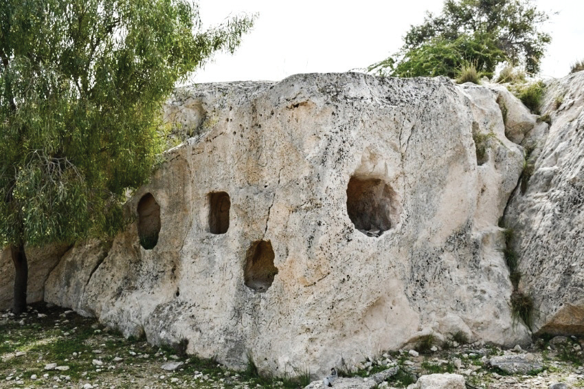Rock-cut openings and niches carved into the cliff face at the Palmyran cemetery on Khark Island