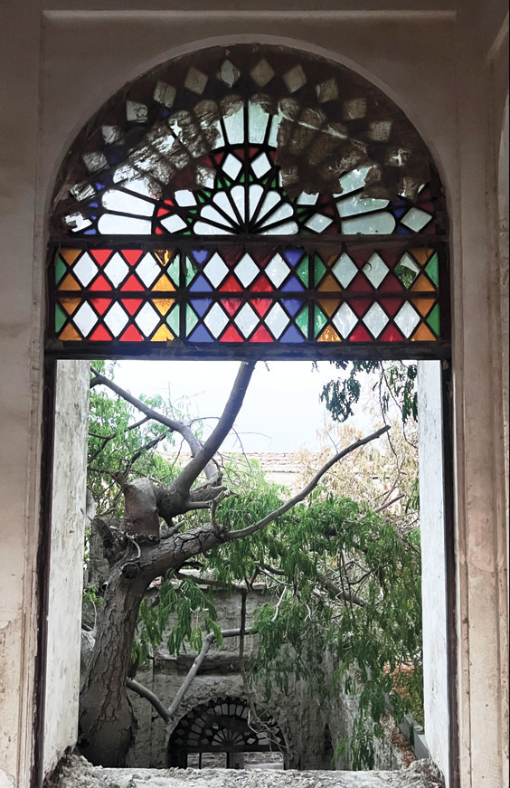 Stained glass window framing the silk tree branches