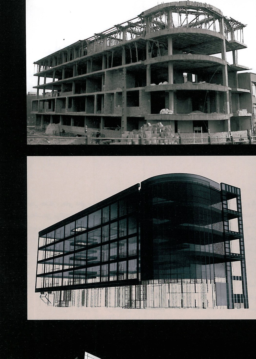 Sheykh Bahaei Residential Complex, Tehran — view of the construction site and two proposed elevation compositions