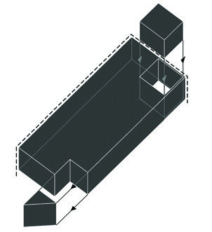 Axonometric massing study showing the building volume with two projecting elements