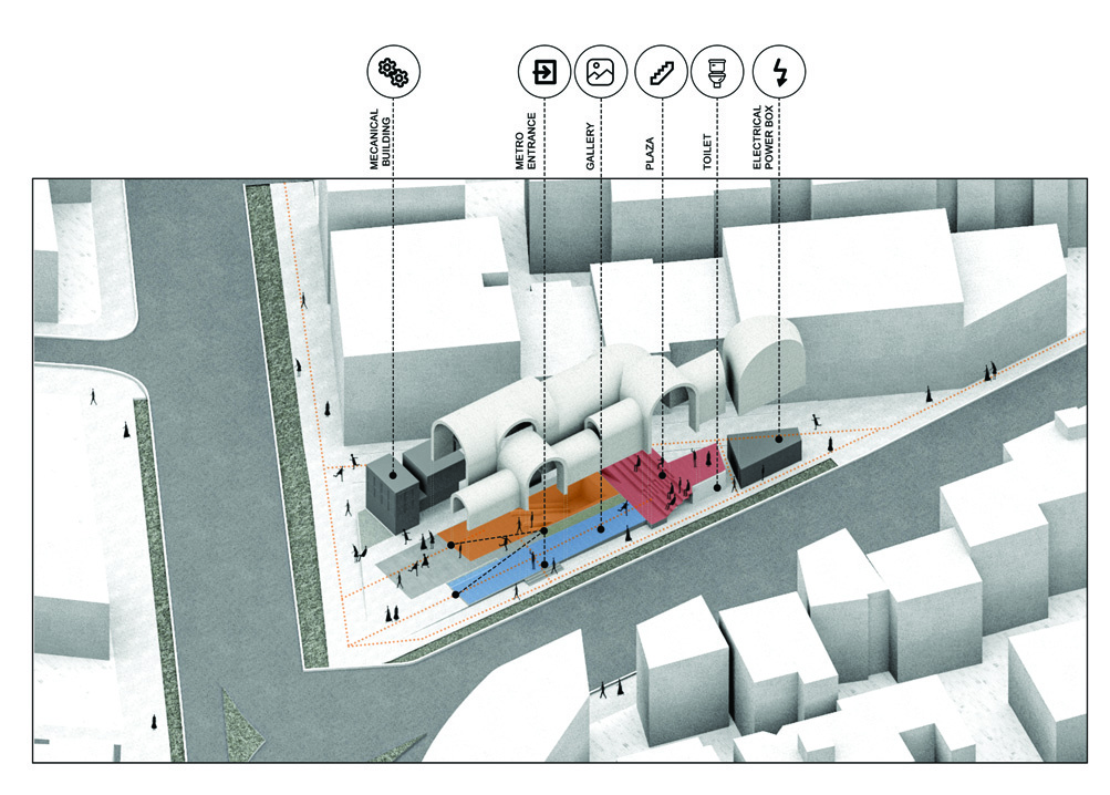 Axonometric rendering of the plaza showing color-coded program zones: mechanical building, metro entrance, gallery, plaza, toilet, and electrical power box