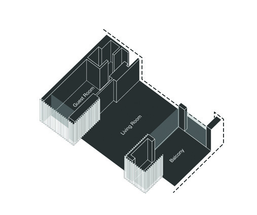 Axonometric diagram showing the spatial arrangement of a typical unit with guest room, living room, and balcony labeled