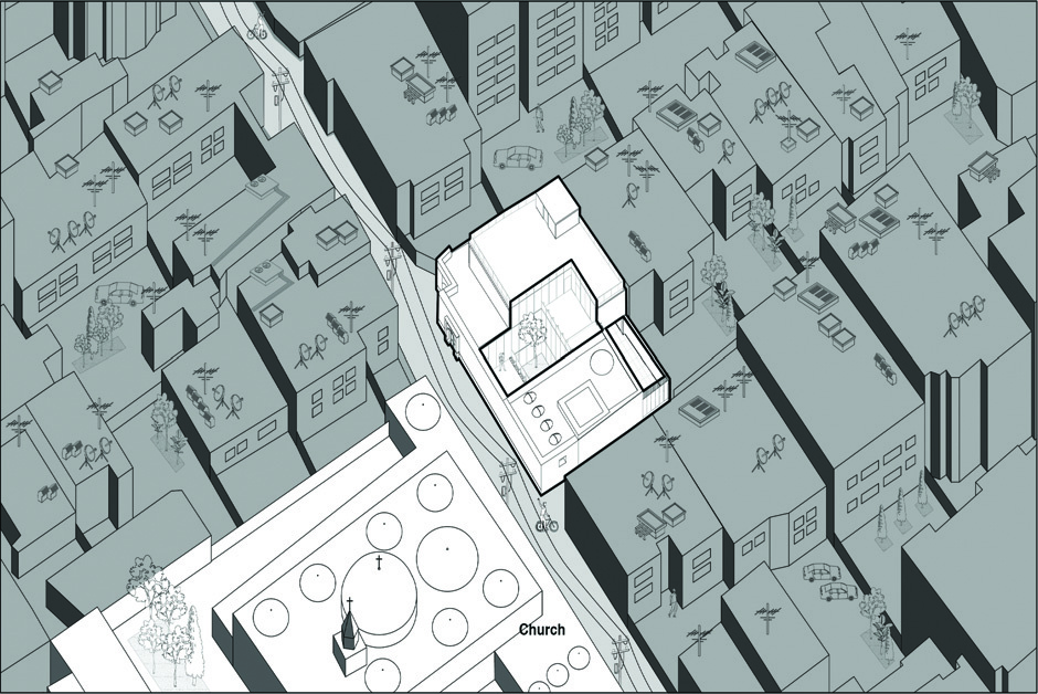 Axonometric drawing showing Villa Nia from the southwest within its urban context