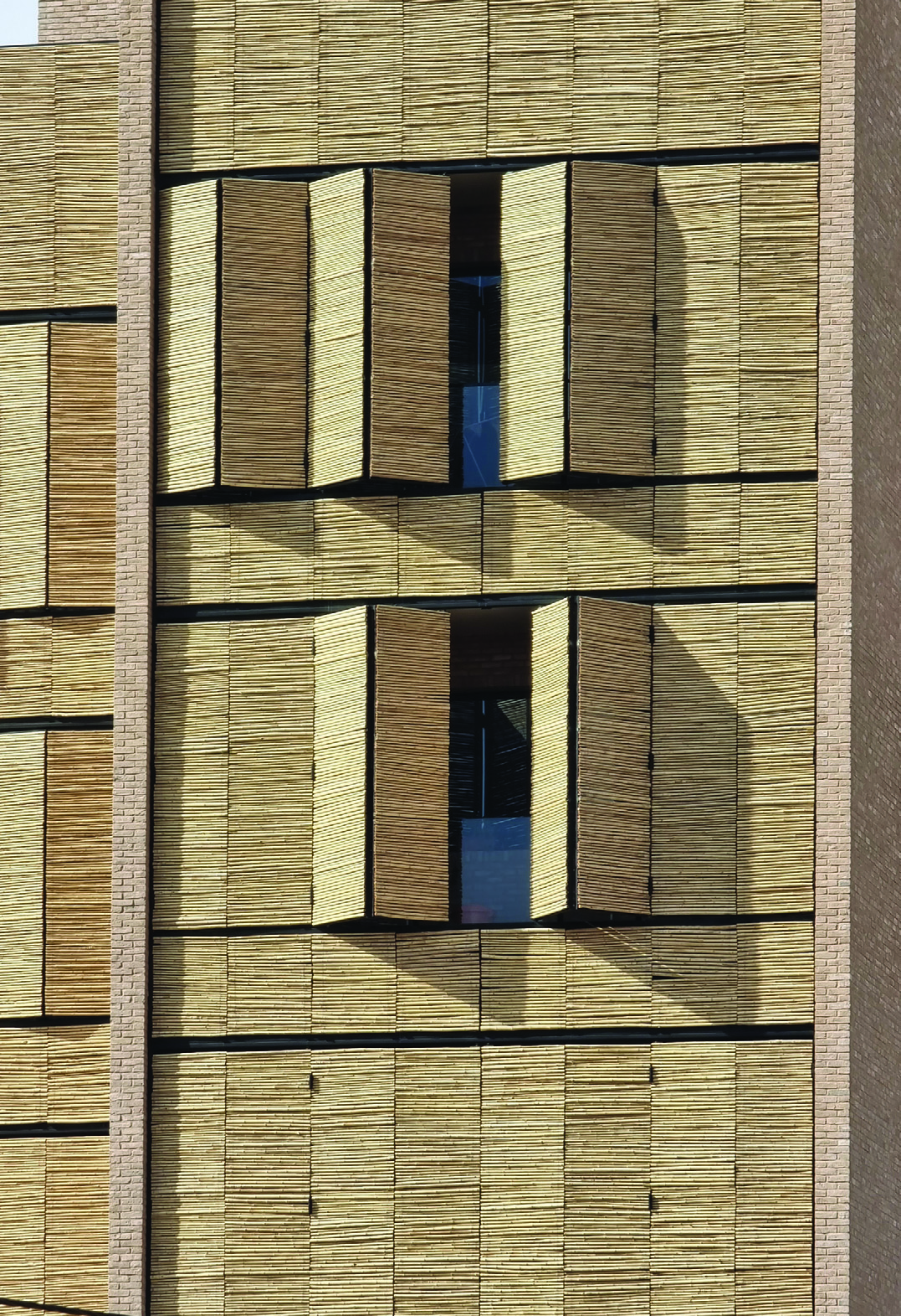 Close-up of the reed panels on the facade of Sahra Building, showing the interplay of golden reed textures and deep shadows between the movable screens