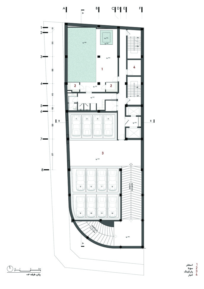 Basement floor plan showing the swimming pool, sauna, parking for twelve cars, and storage rooms