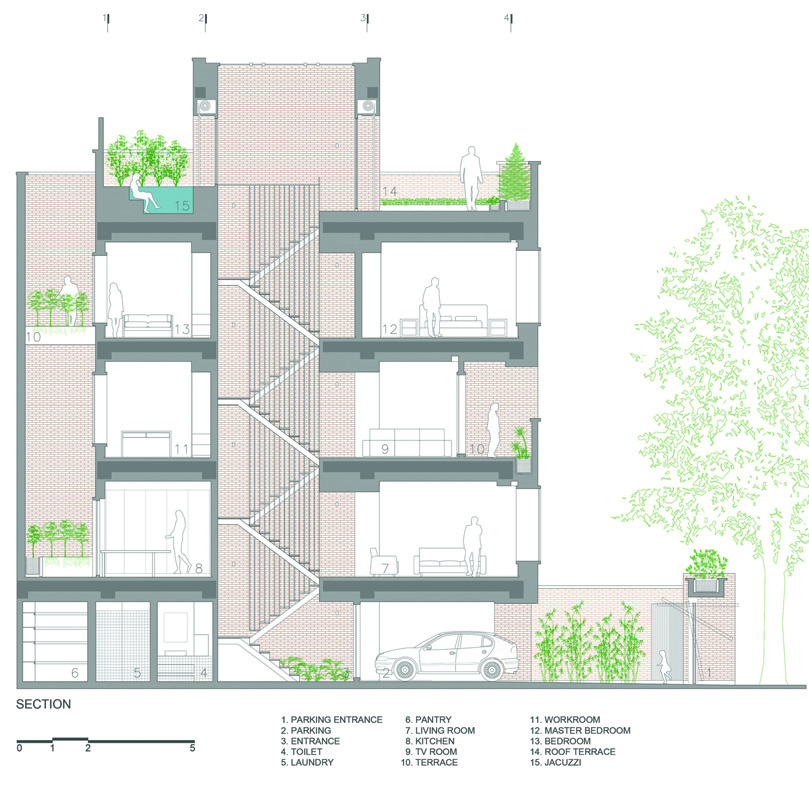 Building section drawing showing all levels from parking to rooftop jacuzzi, with labeled spaces including entrance, living room, kitchen, bedrooms, workroom, and terraces