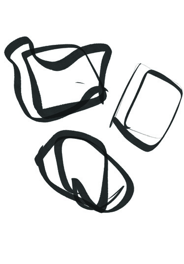 Hand-drawn concept sketches showing the organic, curved forms of the bathroom, guardroom, and kitchen modules