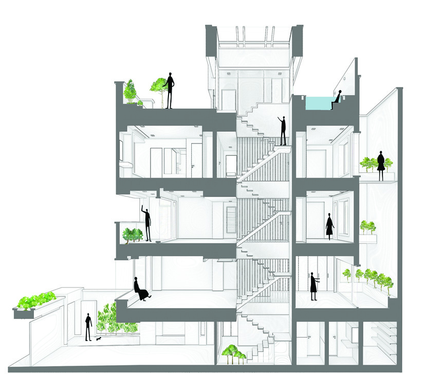 Conceptual section perspective with human figures showing the spatial relationships between levels, the central staircase, terraces, and double-height spaces