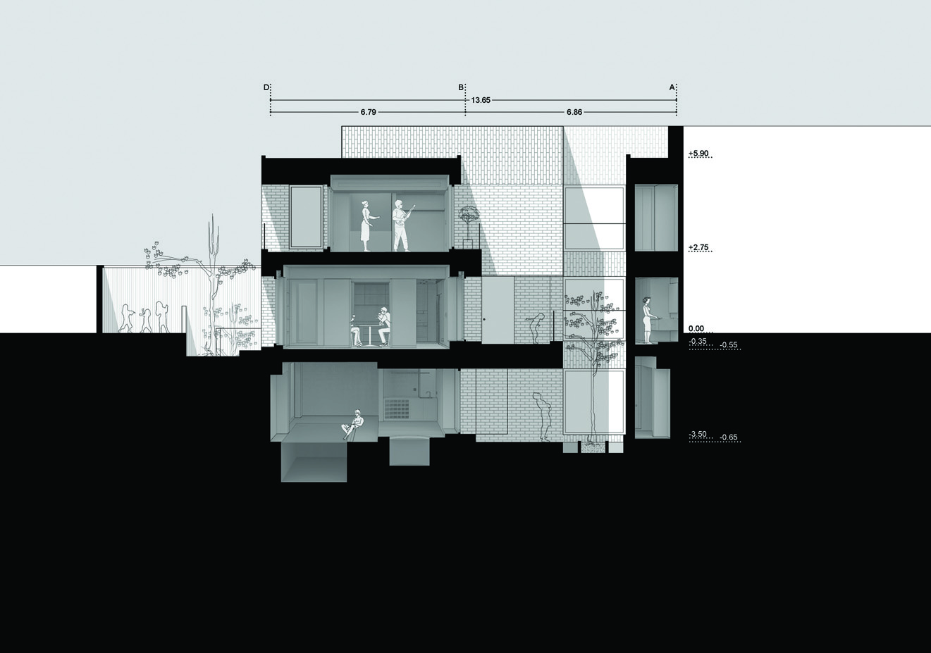 Cross-section diagram of House No. 10 Jolfa showing all three levels, the lightwell, staircase, rooftop, courtyard, and human figures for scale