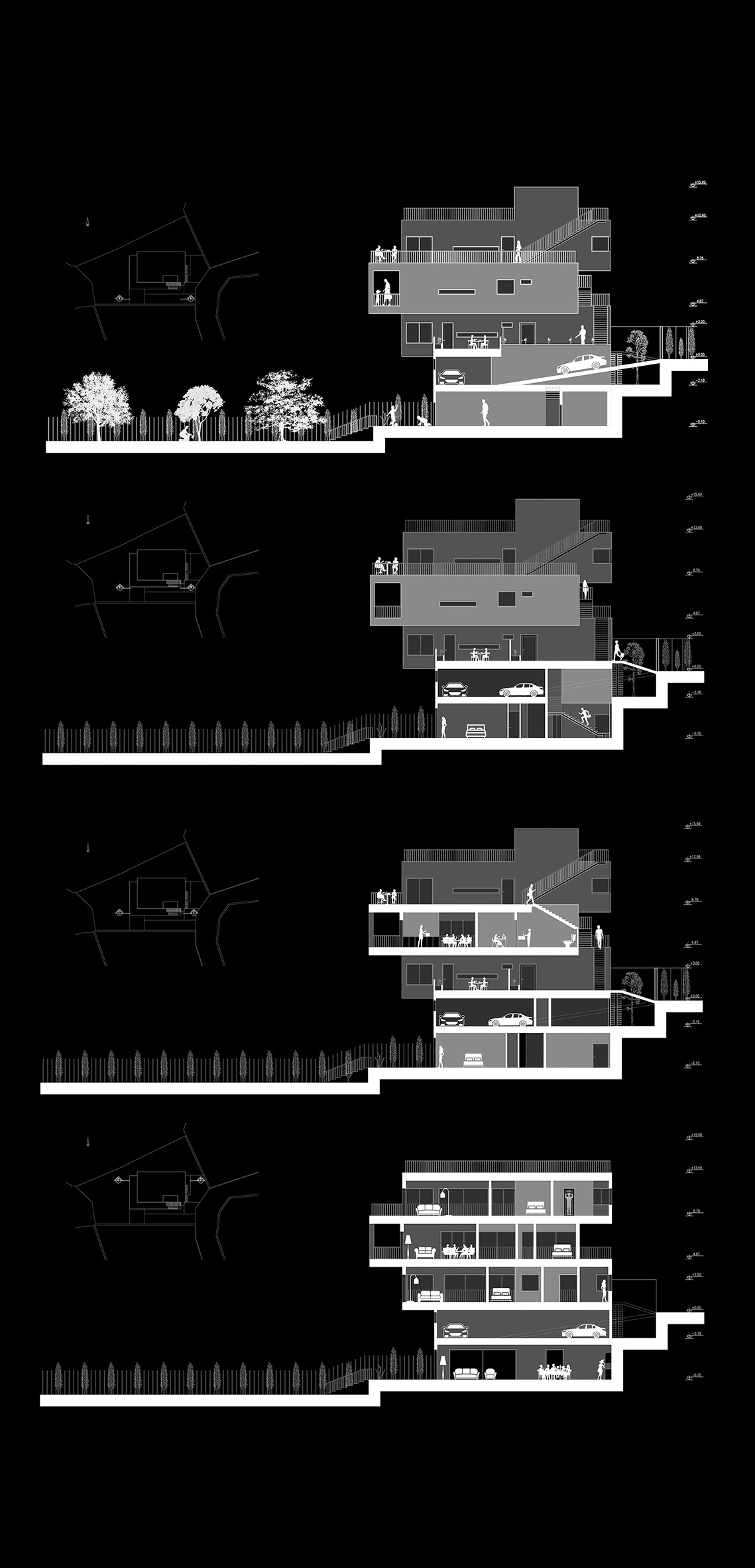 Four cross-section drawings showing the building cut in different directions, revealing the interior organization and relationship to the hillside