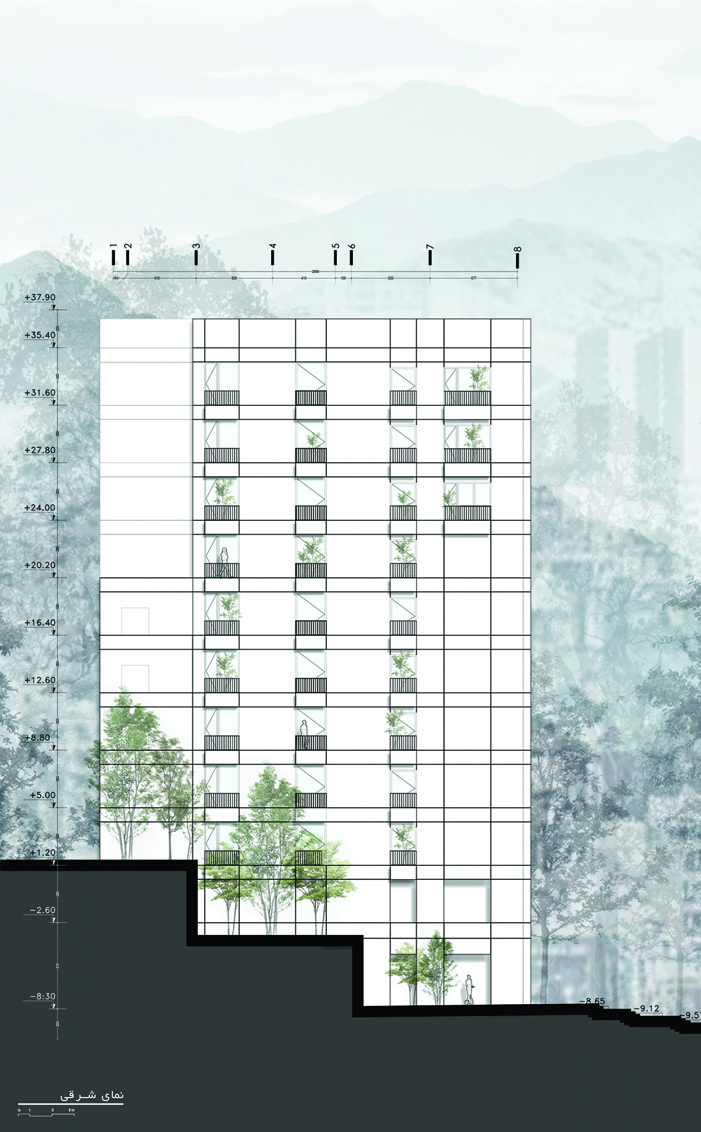 East elevation drawing showing the planter positions on the facade with greenery cascading down the side of the building