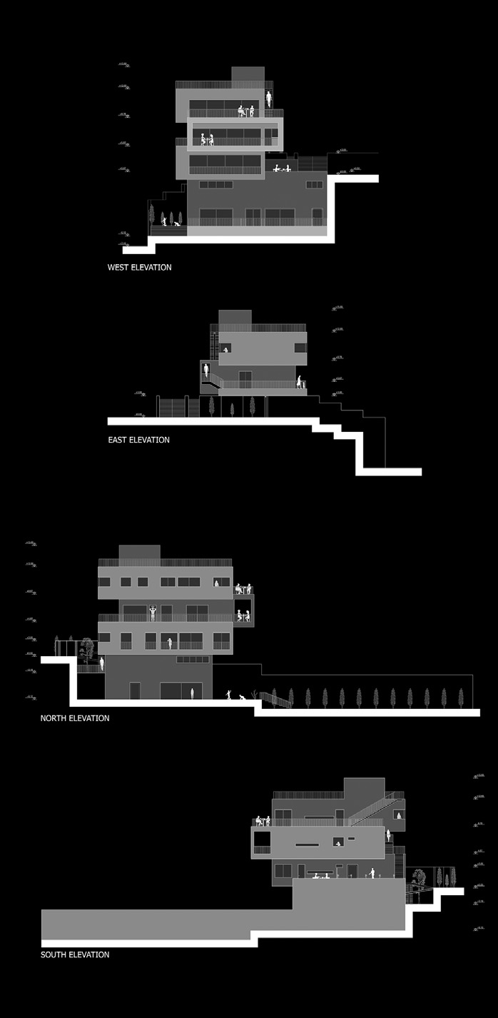 Four elevation drawings showing all sides of the building with the characteristic stepped white volumes