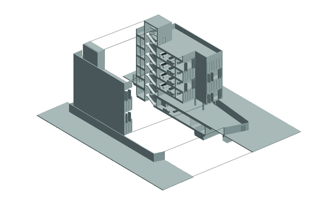Exploded axonometric 3D model showing the building's structural layers, facade skin, and interior divisions