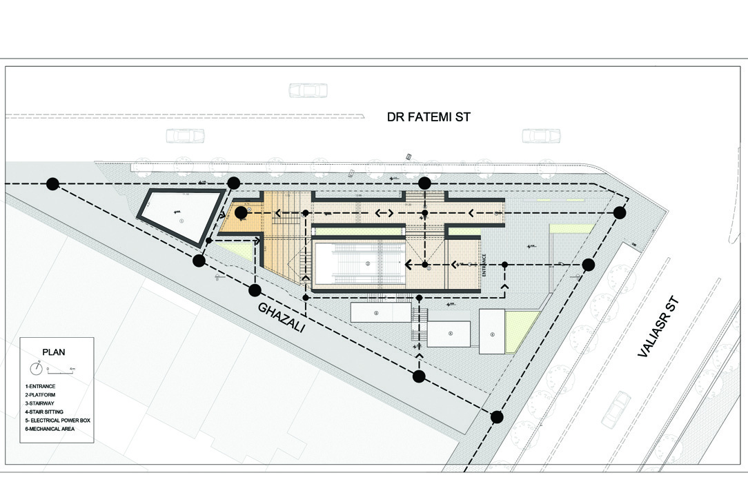 Floor plan showing the circulation pattern through the labyrinthine structure with entrance, platform, stairway, stair sitting, electrical power box, and mechanical area labeled
