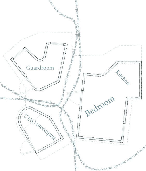 Clean floor plan diagram showing the spatial organization — bathroom, bedroom-kitchen, guardroom, and empty corridor space